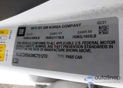 2021 Chevrolet Spark Fwd 1Lt Automatic z USA, uszkodzony, nr VIN KL8CD6SA2MC751270